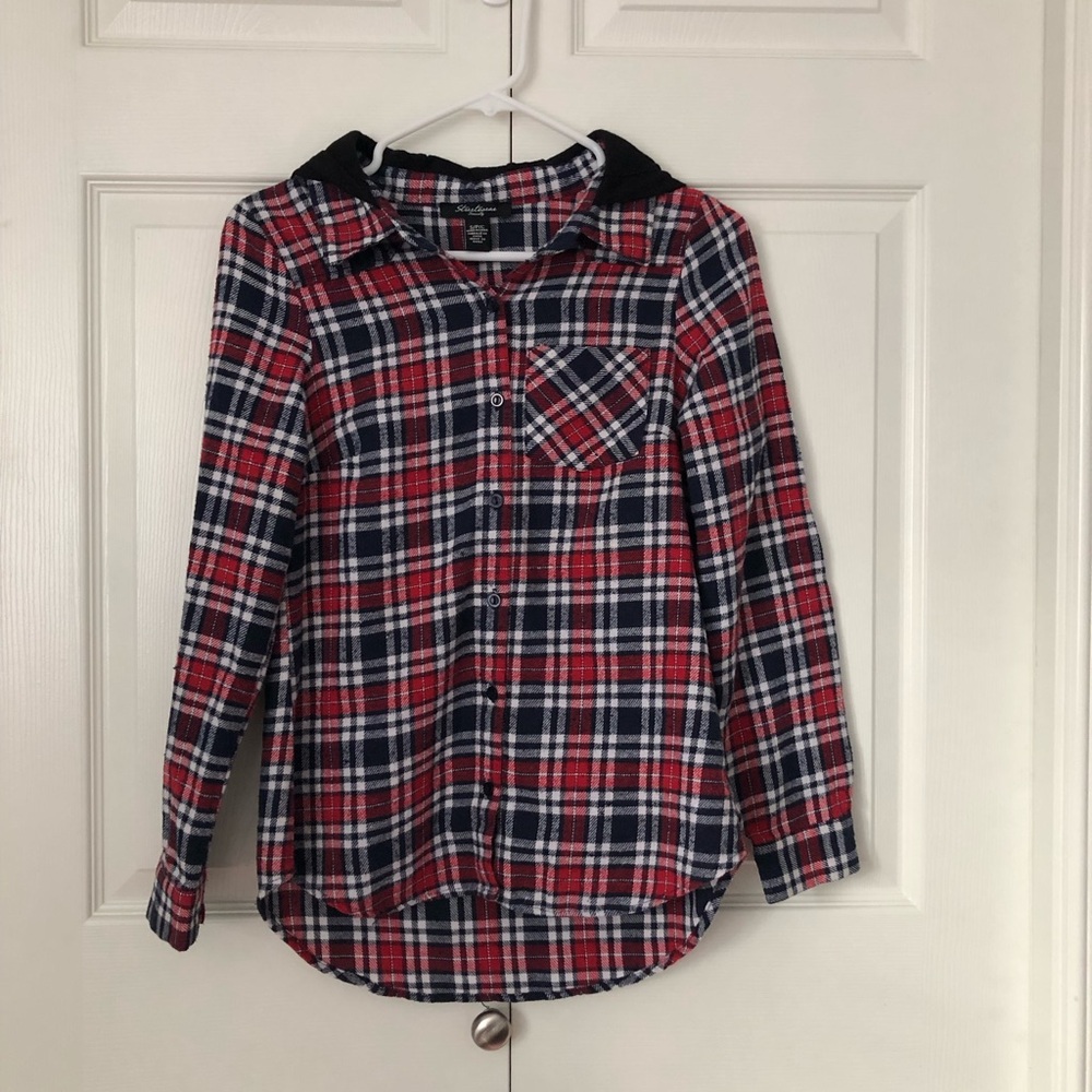 Society Red Navy Plaid Hooded Button-Down Shirt